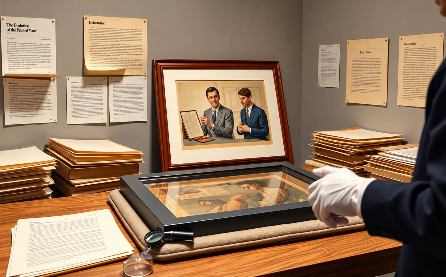 Archival Conservation Workspace with Framed Artwork