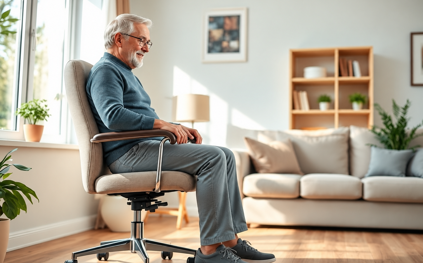 Contented Senior in Sunlit Living Room